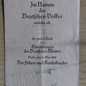 Mutter Kreuz donation Document / Urkunde /1939