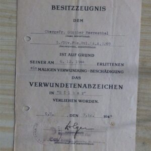 VWA Wound Badge / ‘Verwundeten Abzeichen in Silber’ donation Document / Urkunde /1939