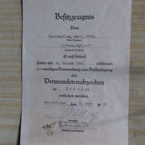 VWA Wound Badge / ‘Verwundeten Abzeichen in Schwarz’ donation Document / Urkunde /1943